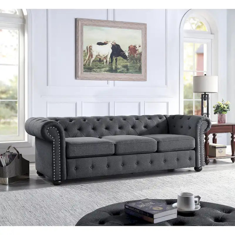 Corvus Aleksis Tufted Chesterfield 3-seater Sofa with Rolled Arms