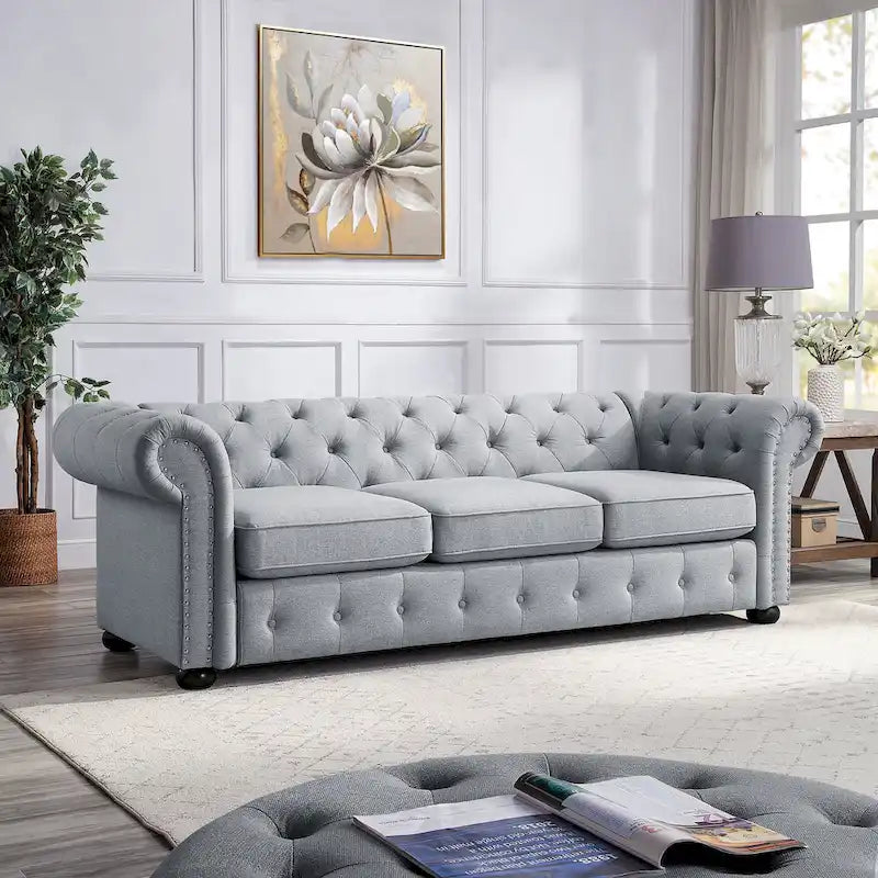 Corvus Aleksis Tufted Chesterfield 3-seater Sofa with Rolled Arms