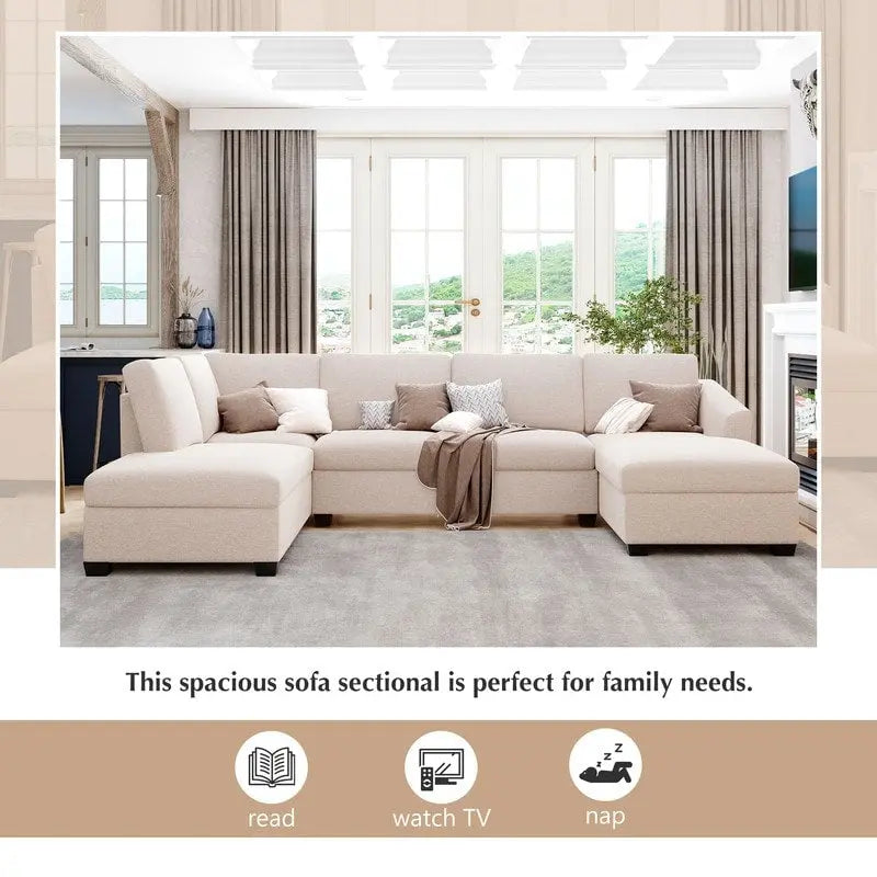 U-Shape Sectional Sofa, Double Extra Wide Chaise Lounge Couch