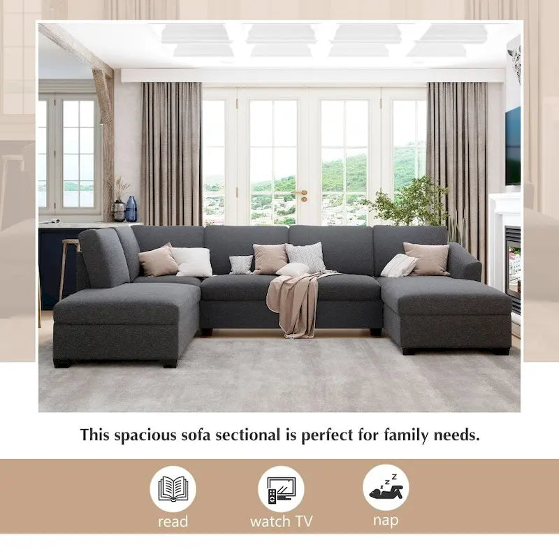 U-Shape Sectional Sofa, Double Extra Wide Chaise Lounge Couch