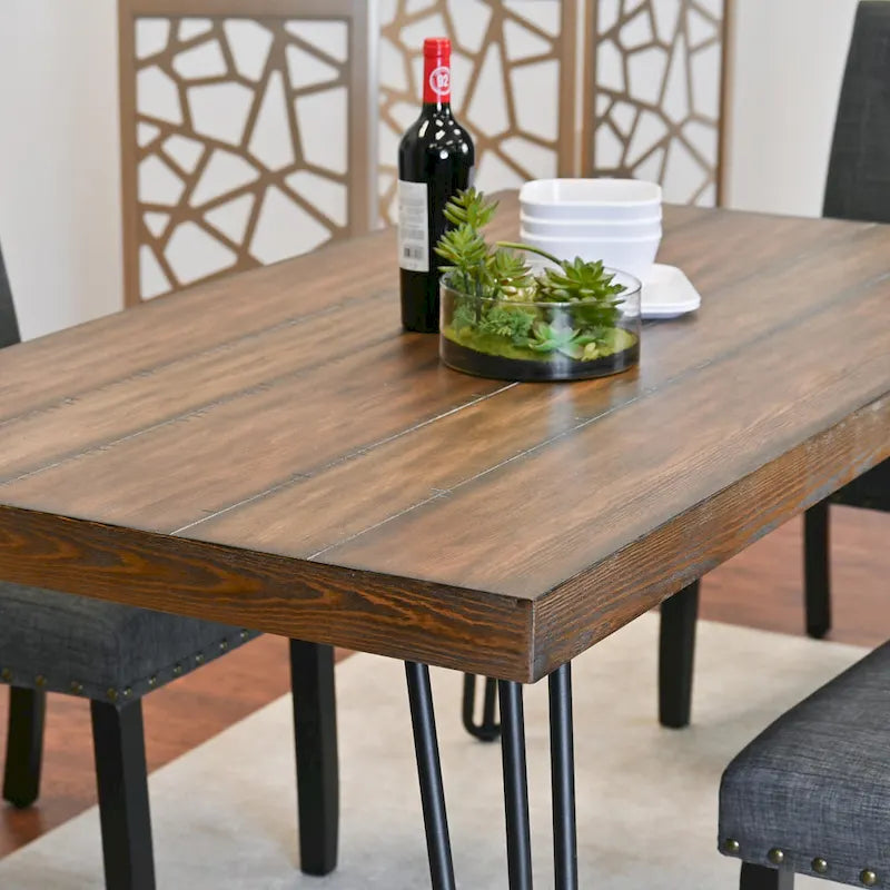 Roundhill Furniture Amisos 6-Piece Dining Set, Hairpin Dining Table with 4 Chairs and Upholstery Bench