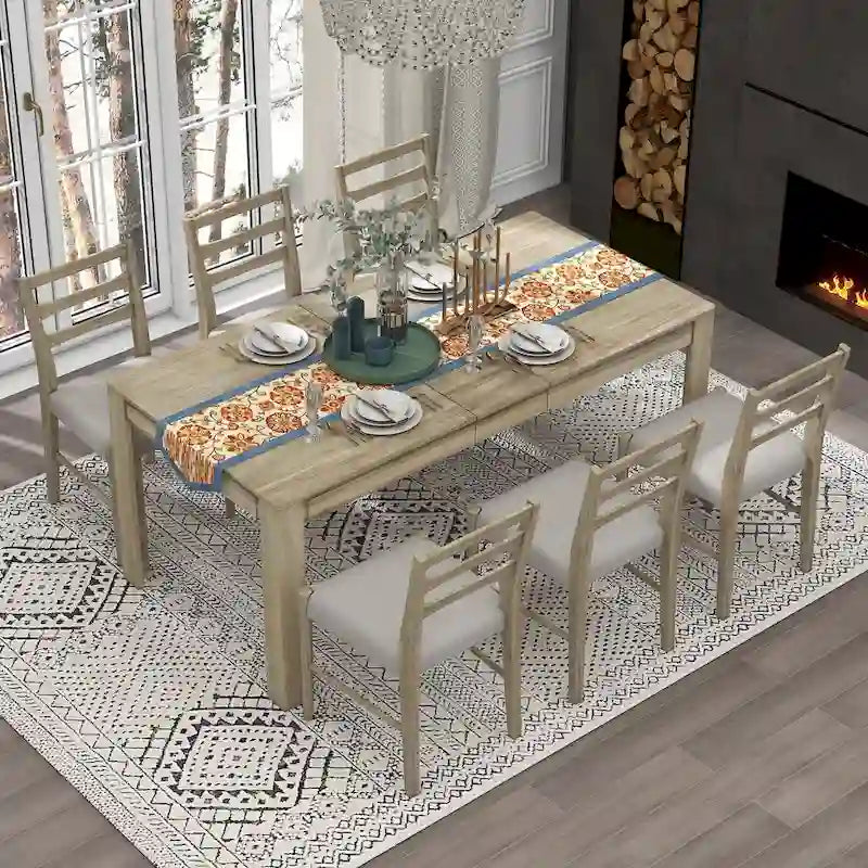 Nestfair 7-Piece Wooden Dining Table Set with 6 Chairs and 2 Drawers
