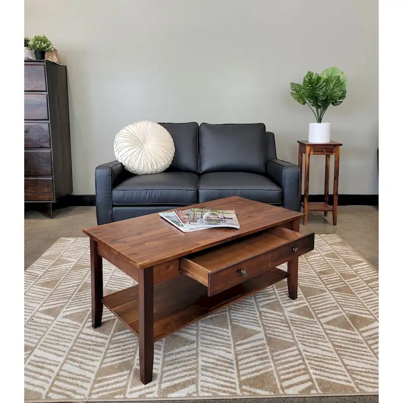 Solid Acacia Coffee Table with Drawer & Bottom Shelf