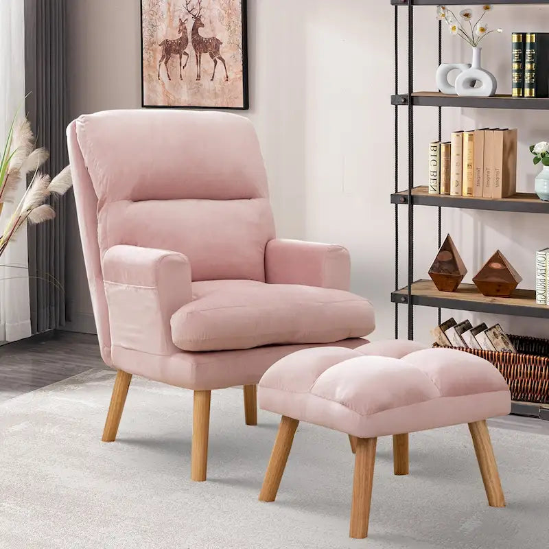 Velvet Fabric Armchair with Ottoman with Adjustable Backrest and Side Pockets