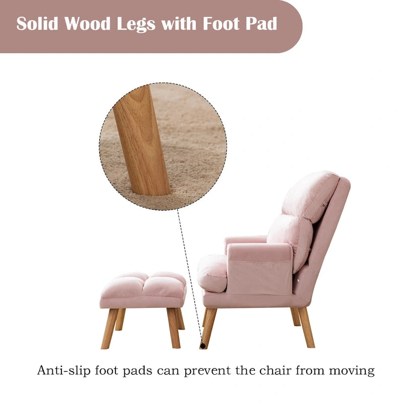 Velvet Fabric Armchair with Ottoman with Adjustable Backrest and Side Pockets