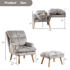 Velvet Fabric Armchair with Ottoman with Adjustable Backrest and Side Pockets