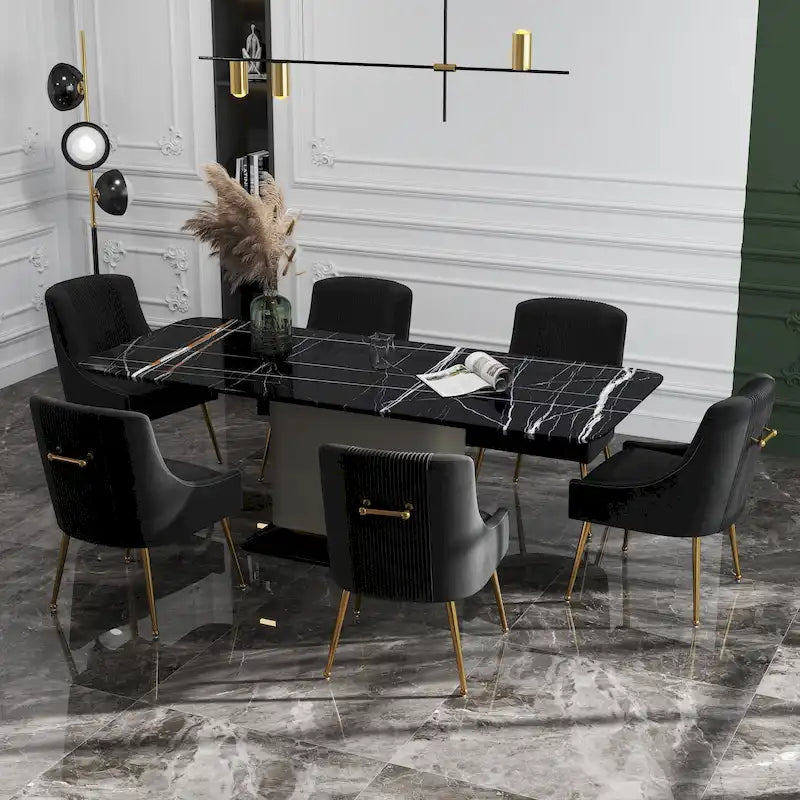 SEYNAR Modern Glam Boucle Pleated Velvet Dining Chair or Vanity Chair Set of 6 with Rear Handle