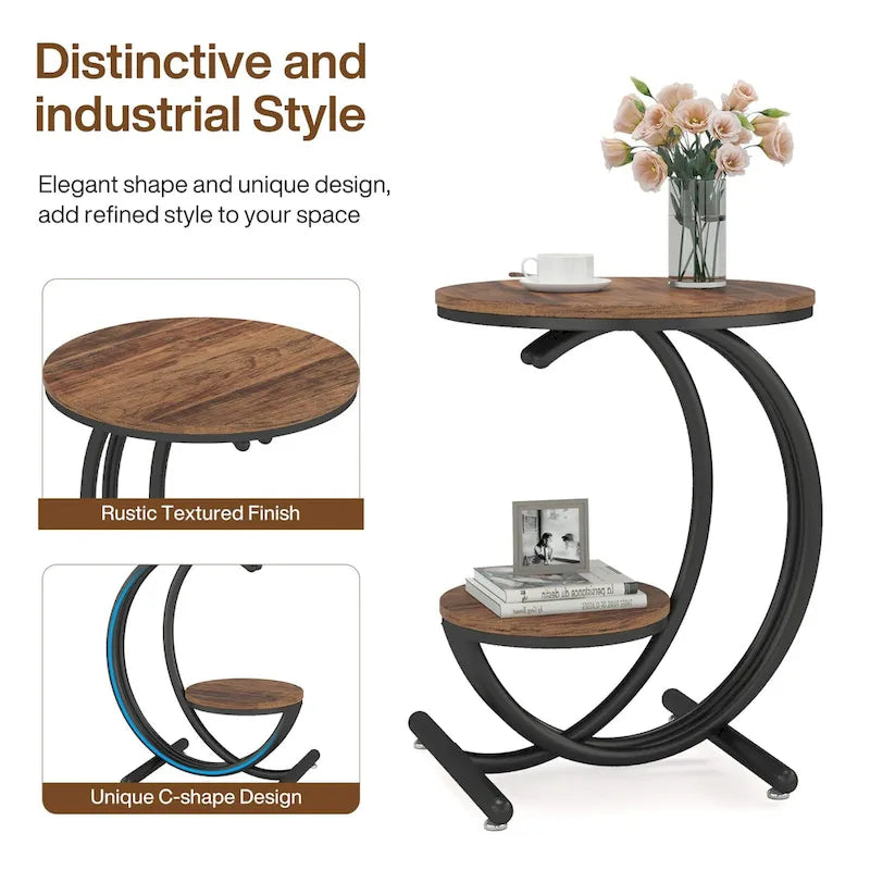 2-Tier Round Marble End Table with Storage Shelf (Modern/Industrial)