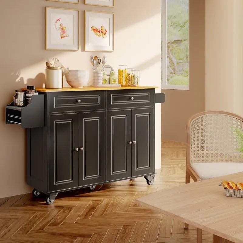 Kitchen Island Cart with Solid Wood Top and Locking Wheels