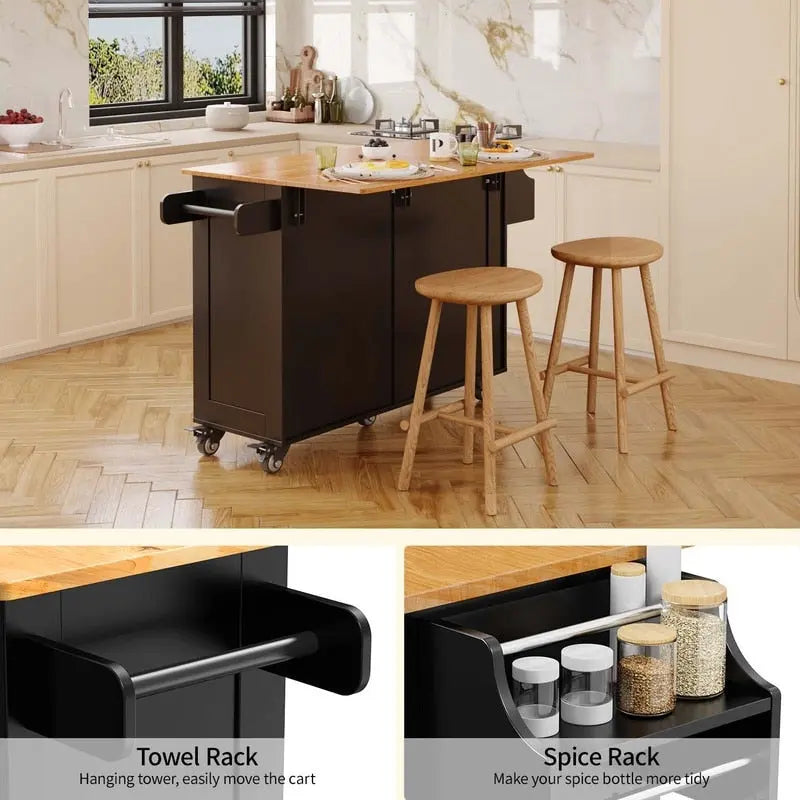 Kitchen Island Cart with Solid Wood Top and Locking Wheels