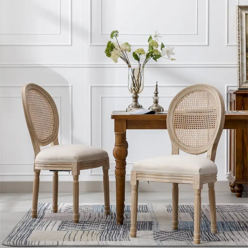 Style Solid Wood Frame Antique Painting Rattan Back Dining Chair Set of 2