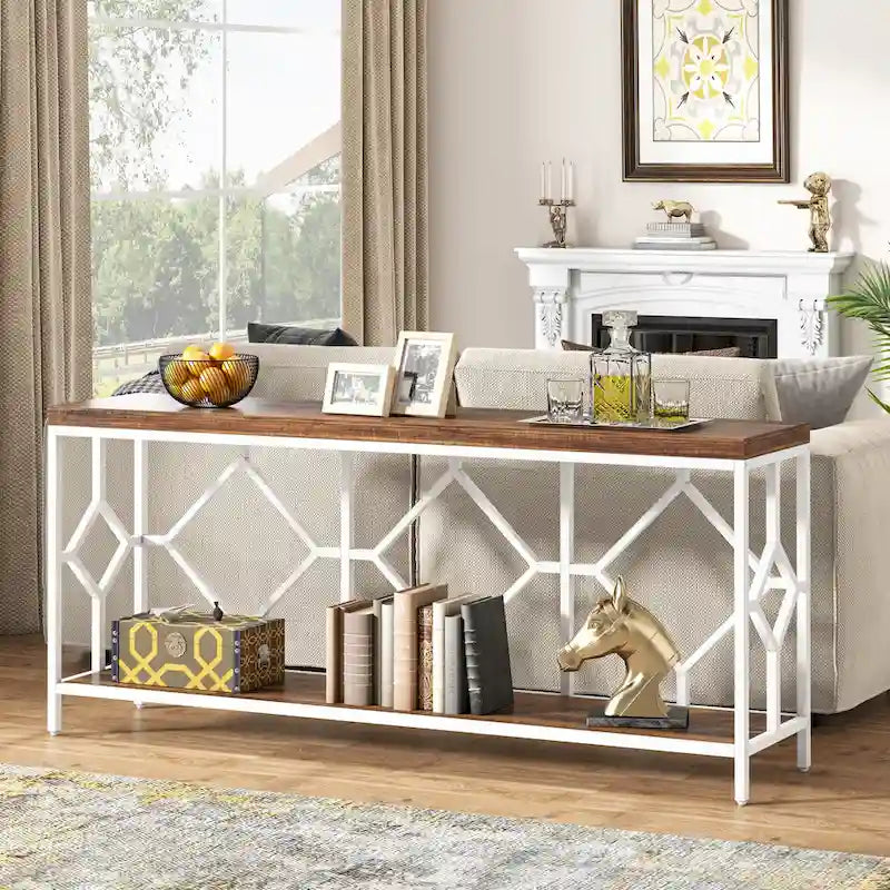 70.9 Inch Sofa Console Table with Open Storage Shelf, Industrial Narrow Extra Long Sofa Tables Entry Table Behind Couch Table