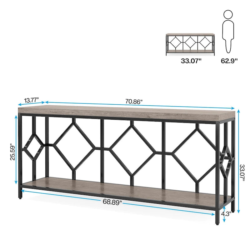 70.9 Inch Sofa Console Table with Open Storage Shelf, Industrial Narrow Extra Long Sofa Tables Entry Table Behind Couch Table