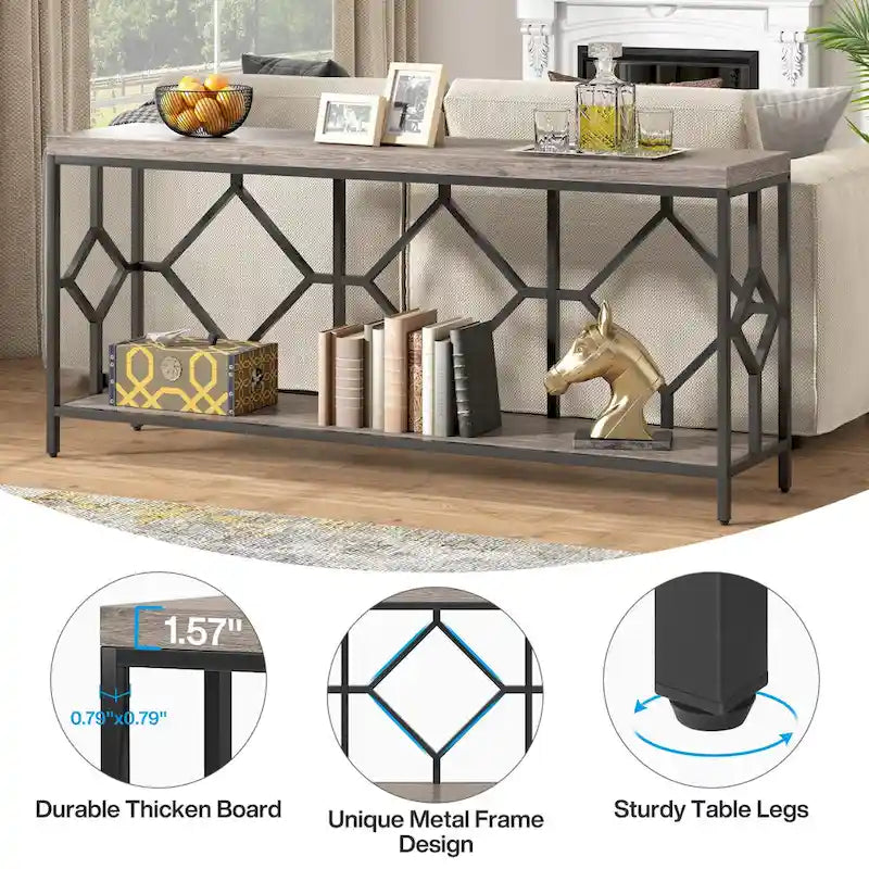 70.9 Inch Sofa Console Table with Open Storage Shelf, Industrial Narrow Extra Long Sofa Tables Entry Table Behind Couch Table