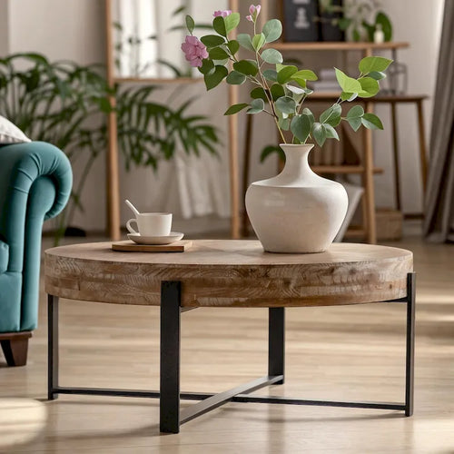 33.86  Modern Retro Splicing Wooden Round Coffee Table with Cross Legs Base