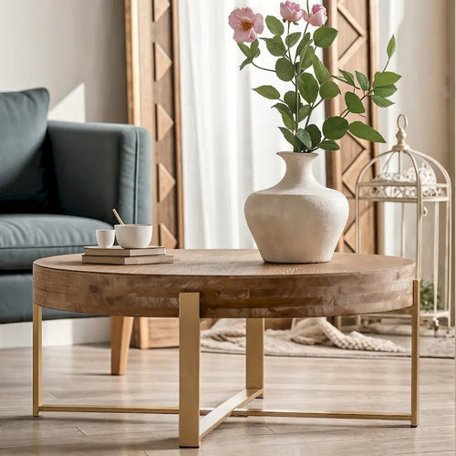 33.86  Modern Retro Splicing Wooden Round Coffee Table with Cross Legs Base