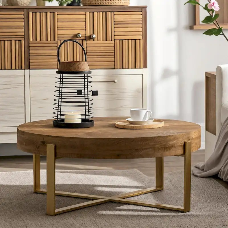 33.86  Modern Retro Splicing Wooden Round Coffee Table with Cross Legs Base