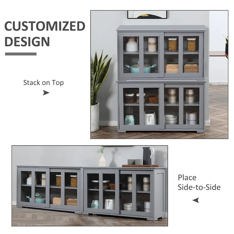 HOMCOM Modern Kitchen Sideboard, Stackable Storage Cabinet, Sliding Glass Door Console, Cupboard Serving Buffet for Kitchen