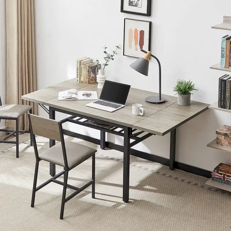 Modern Industrial 63.2  Extendable Dining Table w/Drop Leaf, Seats 6