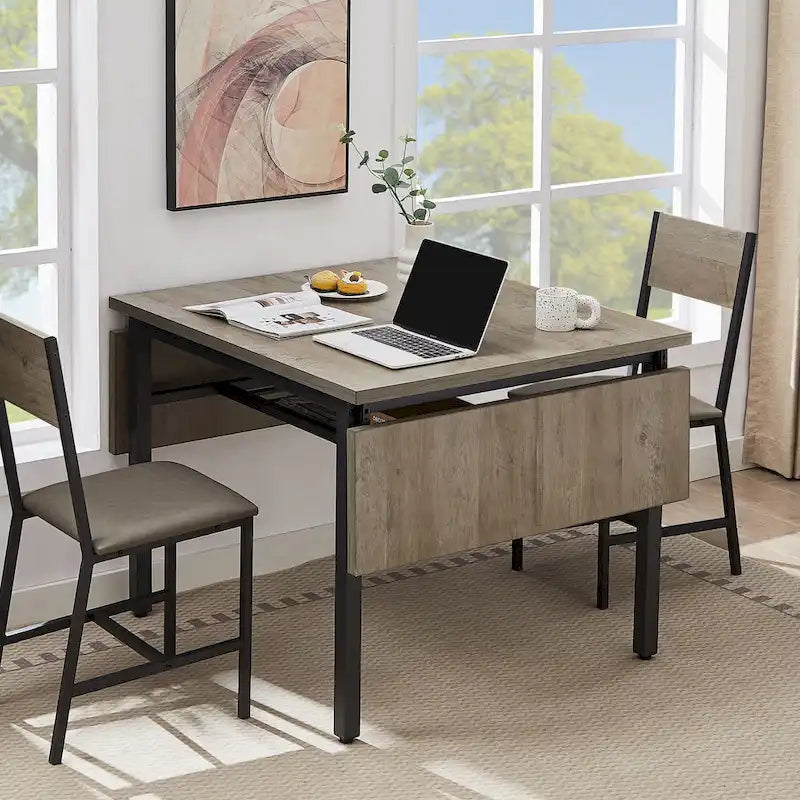 Modern Industrial 63.2  Extendable Dining Table w/Drop Leaf, Seats 6