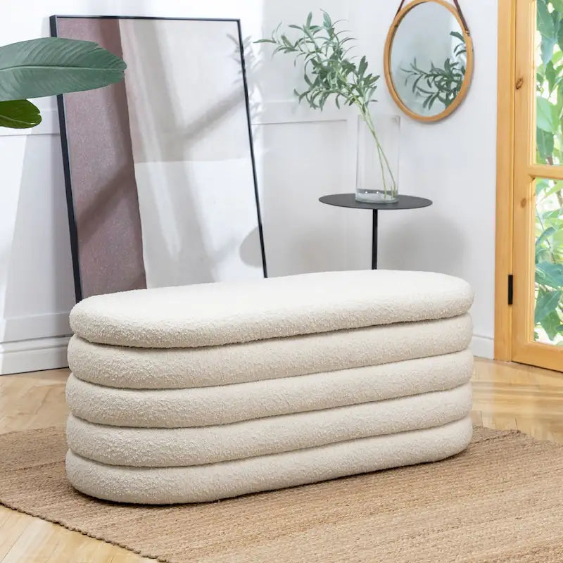 Fuji 49 Boucle Faux Sherpa Upholstered Tufted Oval Storage Bench