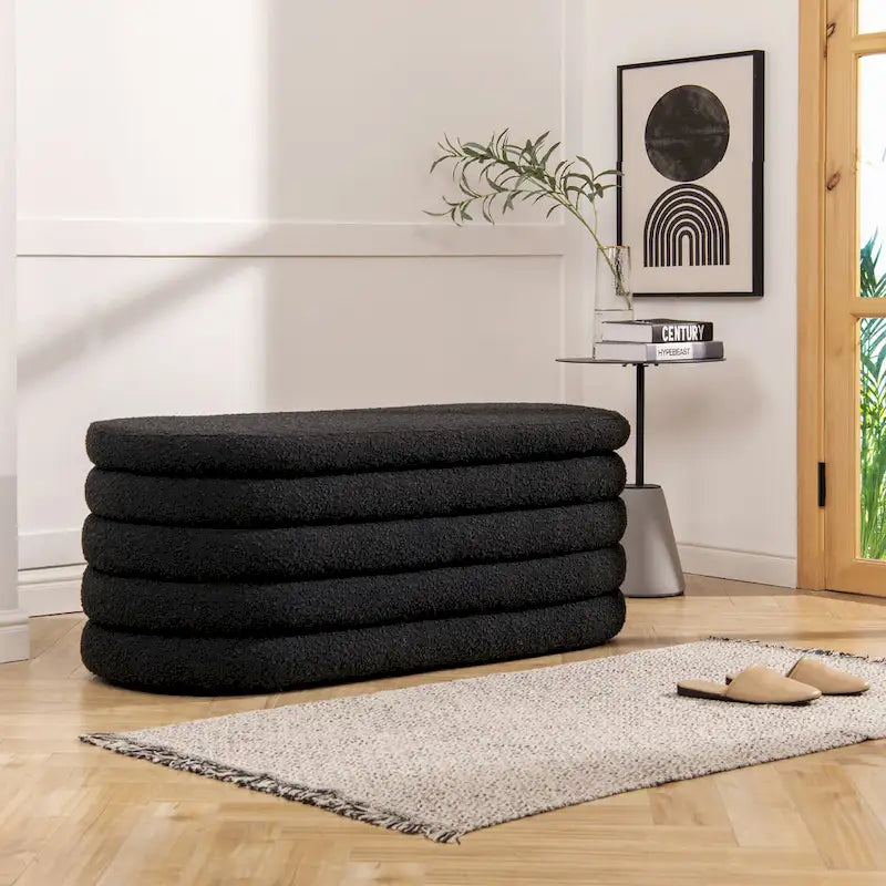 Fuji 49 Boucle Faux Sherpa Upholstered Tufted Oval Storage Bench