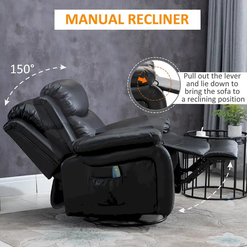 HOMCOM PU Leather Massage Recliner Chair, Swivel Rocker Sofa with Remote Control, Footrest, Padded Seat for Living Room