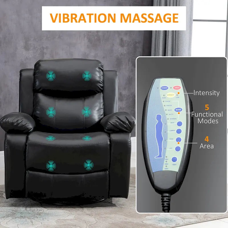 HOMCOM PU Leather Massage Recliner Chair, Swivel Rocker Sofa with Remote Control, Footrest, Padded Seat for Living Room