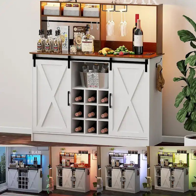 Coffee Bar Cabinet, 47  Sideboard Buffet Cabinet with 20-color LED Lights and 6.5FT Outlet
