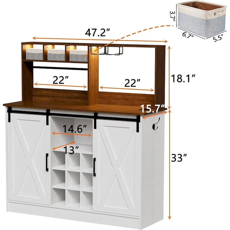 Coffee Bar Cabinet, 47  Sideboard Buffet Cabinet with 20-color LED Lights and 6.5FT Outlet