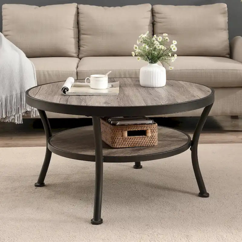 Myhozm Industrial Round Metal Coffee Table with Shelf for Living Room,Home Office and Bedroom