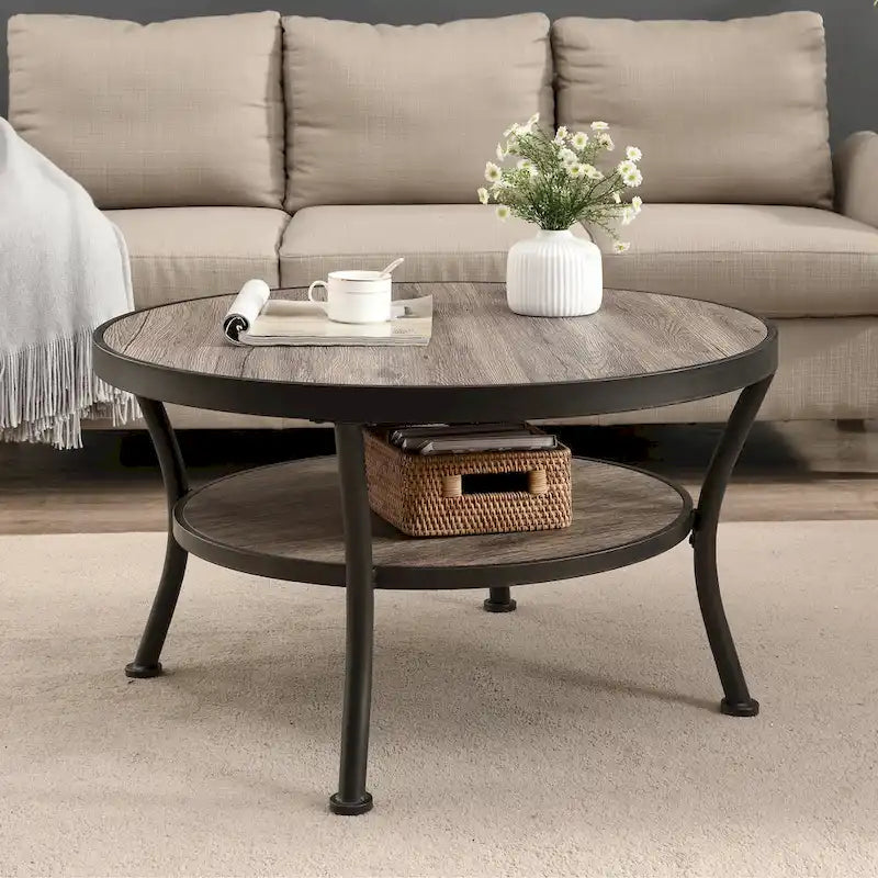Myhozm Industrial Round Metal Coffee Table with Shelf for Living Room,Home Office and Bedroom