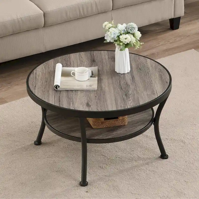 Myhozm Industrial Round Metal Coffee Table with Shelf for Living Room,Home Office and Bedroom