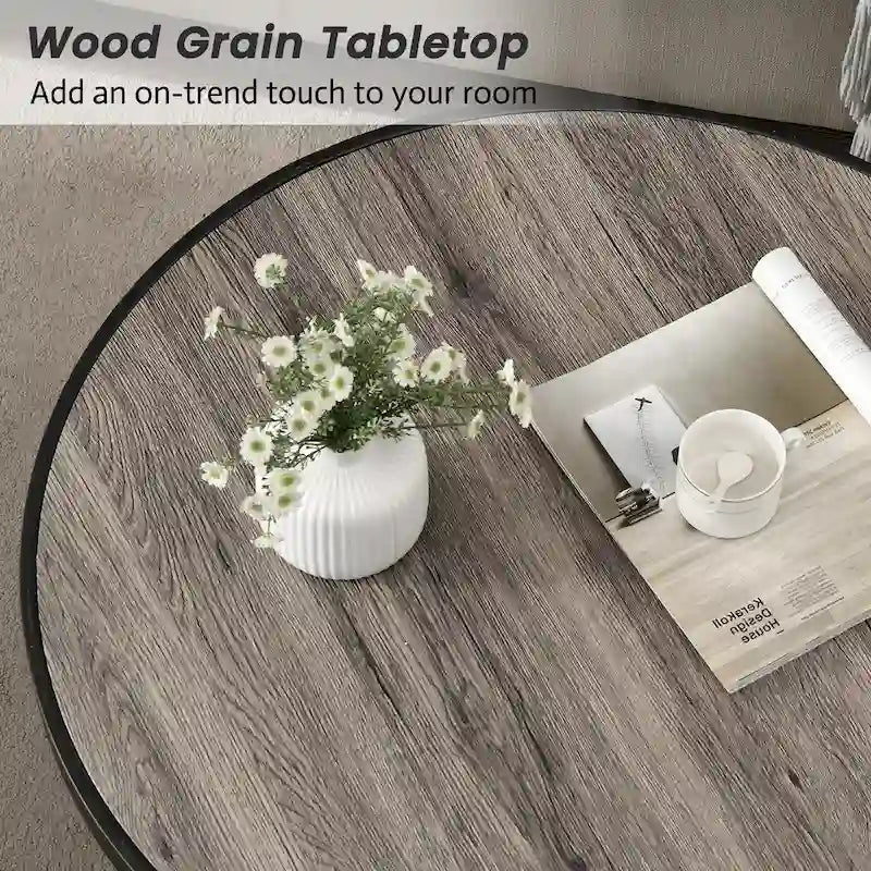 Myhozm Industrial Round Metal Coffee Table with Shelf for Living Room,Home Office and Bedroom
