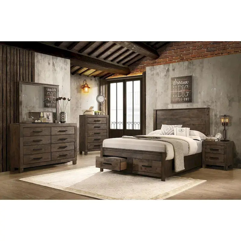 Wooden Eastern King Bed With Two Footboard Drawers in Golden Brown