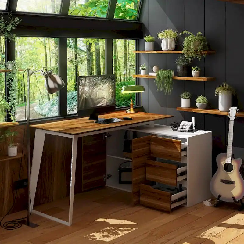 54.3  Home Office Computer Desk Corner Desk With Drawers and Cabinet