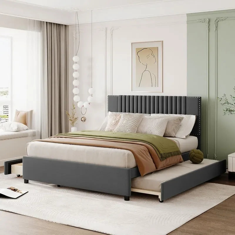 Linen Upholstered Platform Bed with 2 Drawers and Trundle,Queen/Full Size