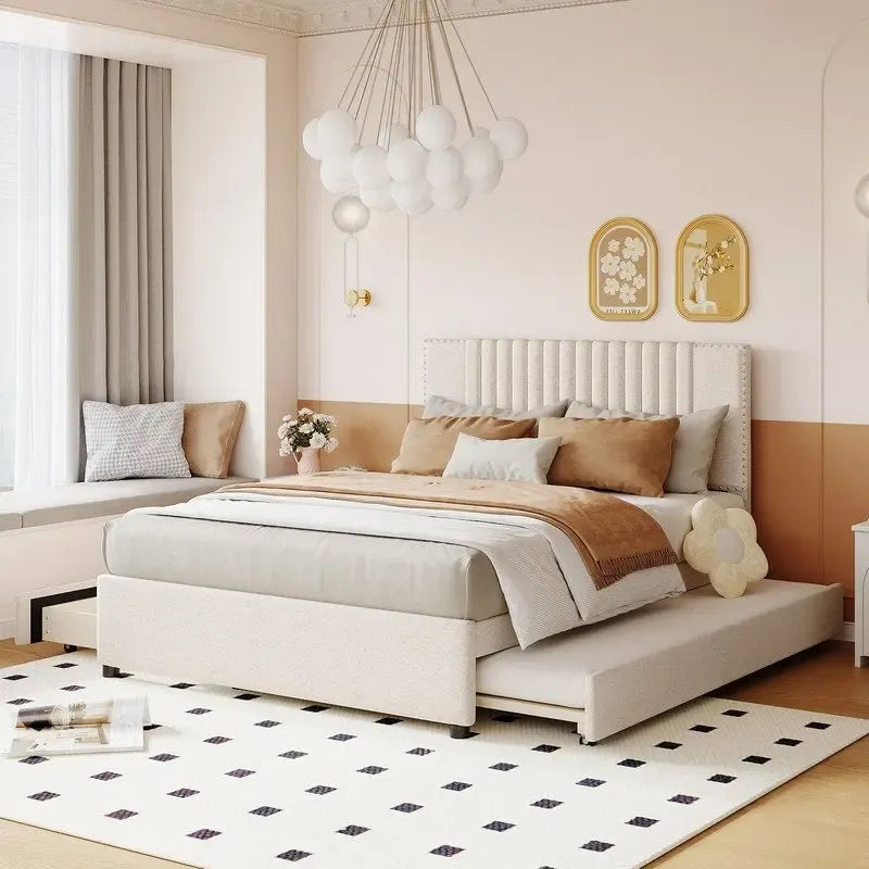 Linen Upholstered Platform Bed with 2 Drawers and Trundle,Queen/Full Size