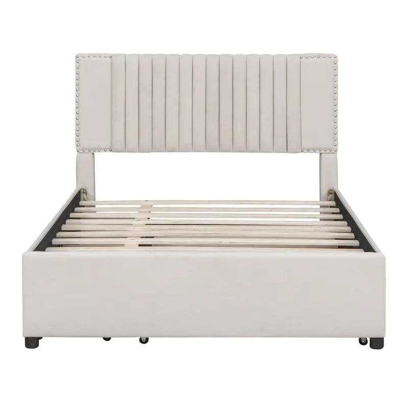 Linen Upholstered Platform Bed with 2 Drawers and Trundle,Queen/Full Size