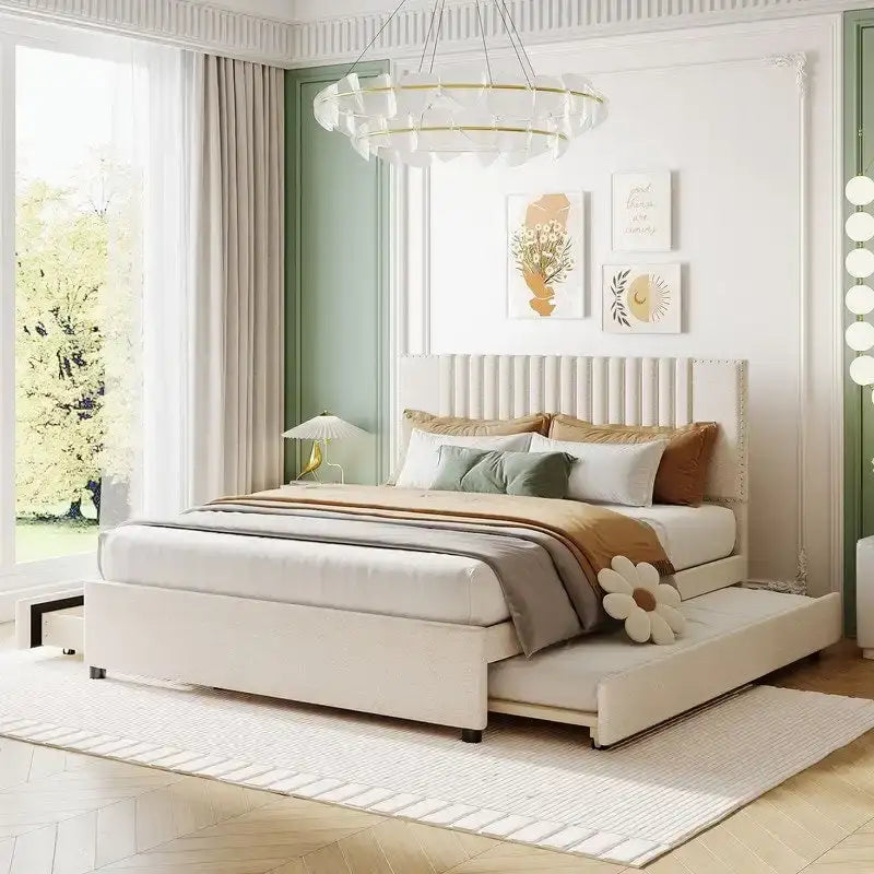 Linen Upholstered Platform Bed with 2 Drawers and Trundle,Queen/Full Size