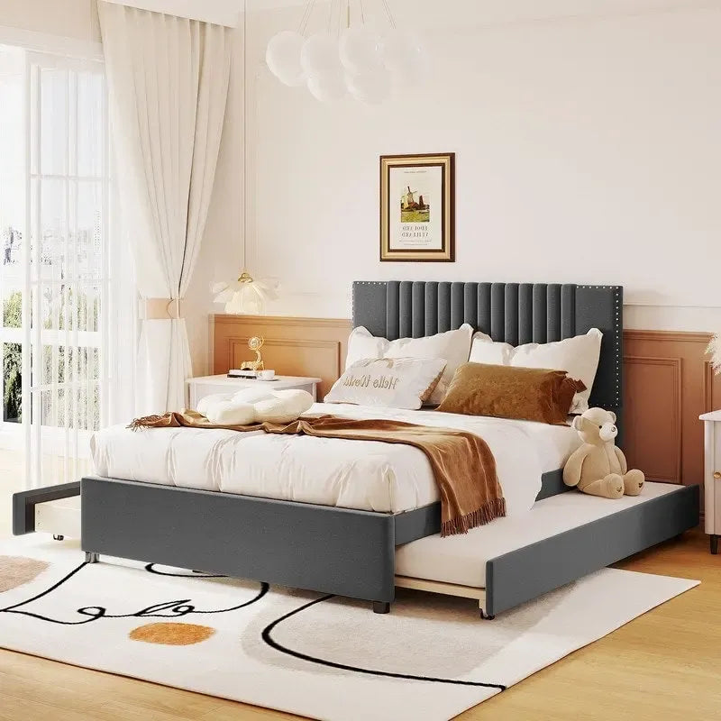 Linen Upholstered Platform Bed with 2 Drawers and Trundle,Queen/Full Size