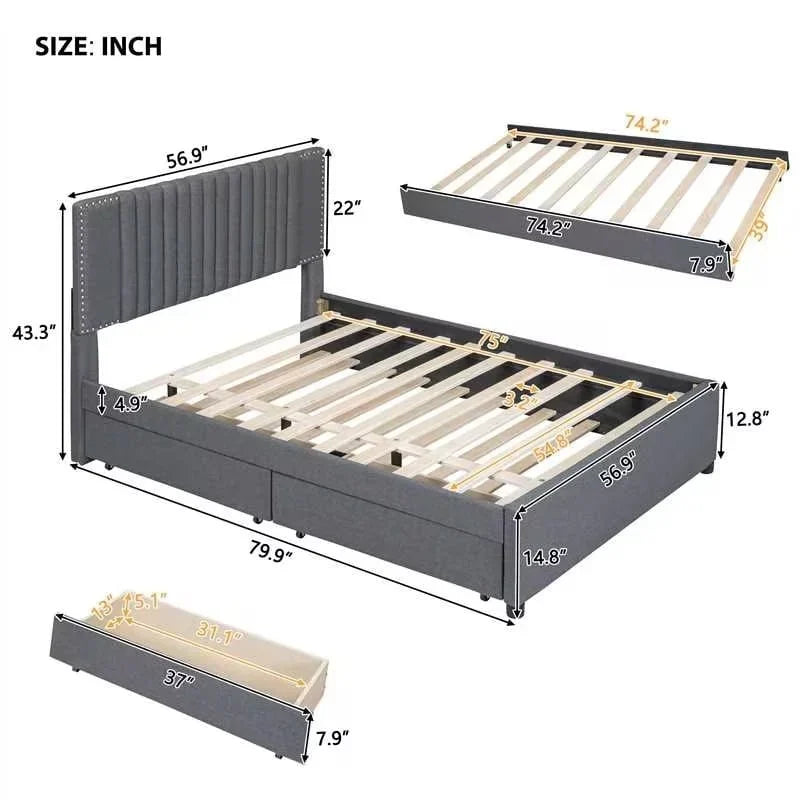 Linen Upholstered Platform Bed with 2 Drawers and Trundle,Queen/Full Size