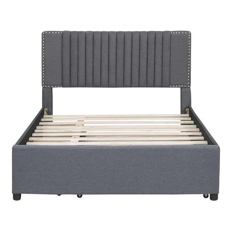 Linen Upholstered Platform Bed with 2 Drawers and Trundle,Queen/Full Size