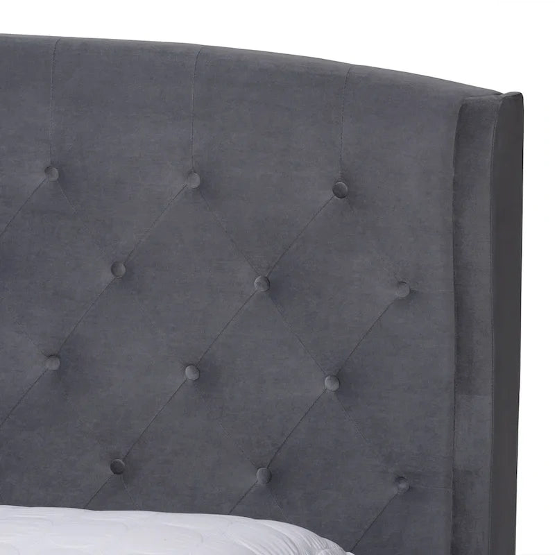 Joanna Modern and Contemporary Velvet Fabric Upholstered and Dark Brown Finished Wood Platform Bed