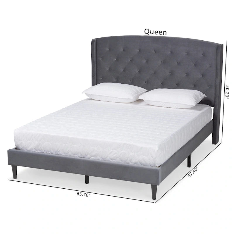 Joanna Modern and Contemporary Velvet Fabric Upholstered and Dark Brown Finished Wood Platform Bed