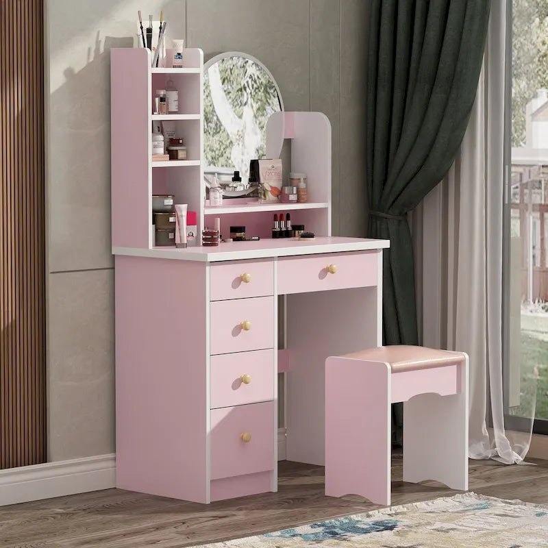 Makeup Vanity Set Dresser w/Mirror Stool 5 Drawers - White/Pink/Black - 31.5 L x 15.7 W x 52 H