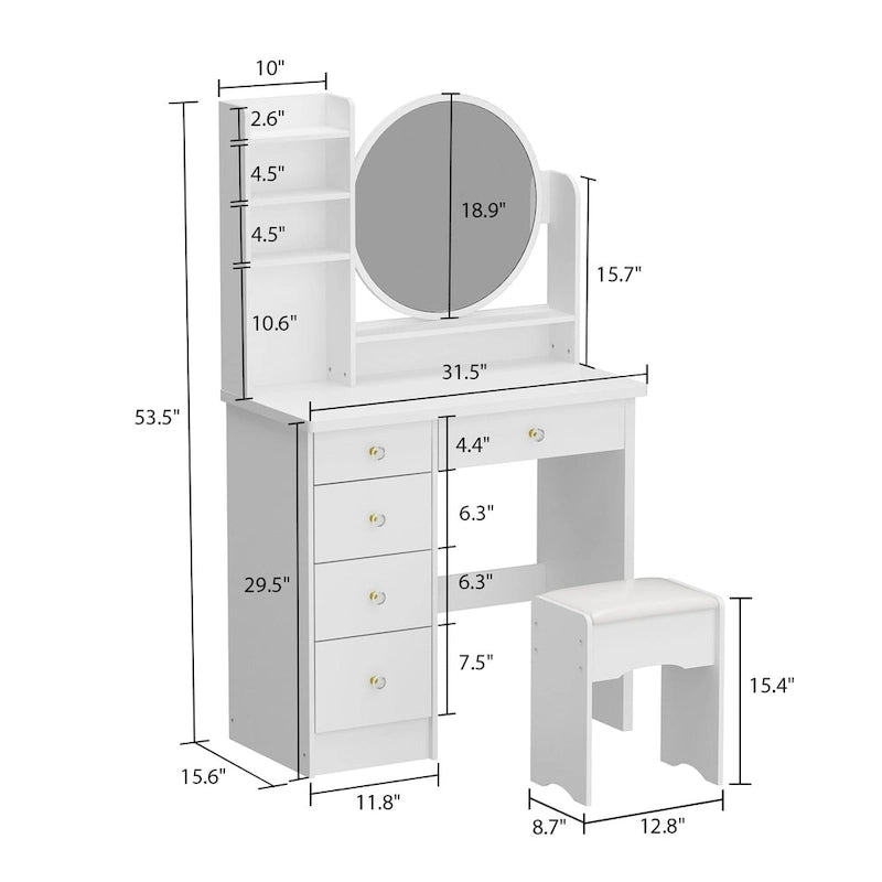 Makeup Vanity Set Dresser w/Mirror Stool 5 Drawers - White/Pink/Black - 31.5 L x 15.7 W x 52 H