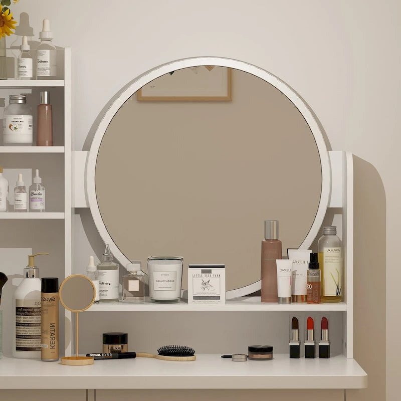 Makeup Vanity Set Dresser w/Mirror Stool 5 Drawers - White/Pink/Black - 31.5 L x 15.7 W x 52 H