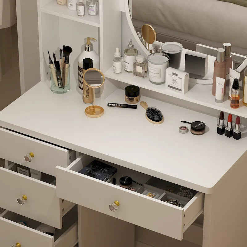 Makeup Vanity Set Dresser w/Mirror Stool 5 Drawers - White/Pink/Black - 31.5 L x 15.7 W x 52 H