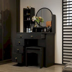 Makeup Vanity Set Dresser w/Mirror Stool 5 Drawers - White/Pink/Black - 31.5 L x 15.7 W x 52 H